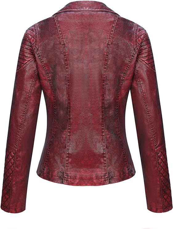 Bellivera Faux Leather Coat-17909Red-001-Back