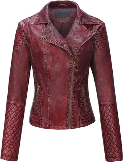 Bellivera Faux Leather Coat-17909Red-001-Front