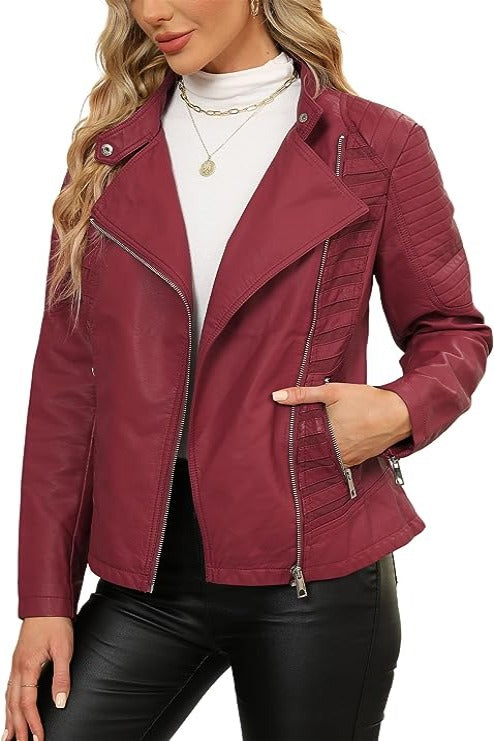 Bellivera Faux Leather Coat-54Red-001-Front