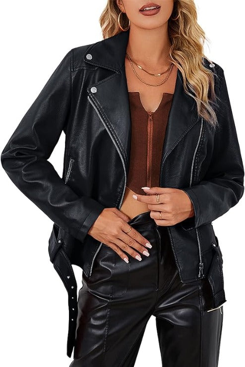 Bellivera Faux Leather Coat-7906Black-002-Front