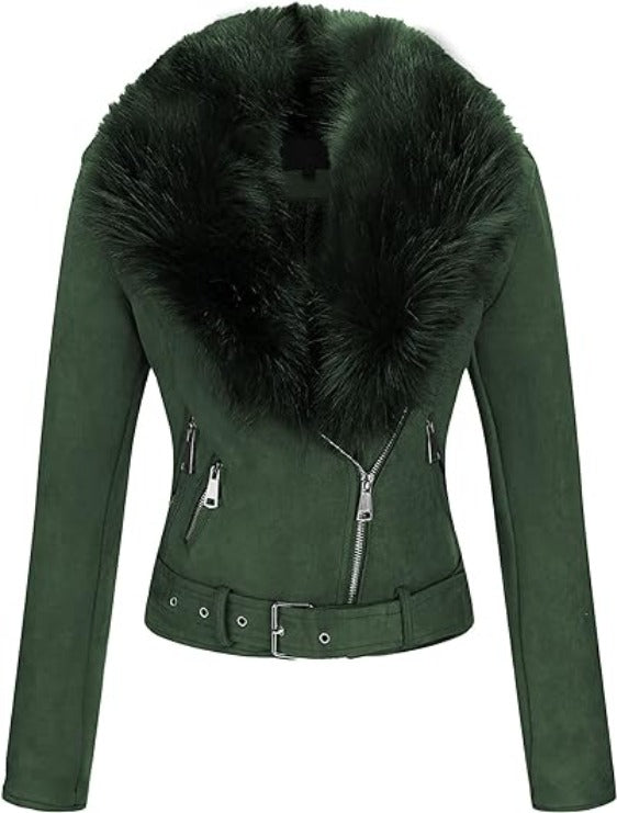 Bellivera Faux Suede Leather Coat-8830Green-001-Front