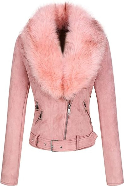 Bellivera Faux Suede Leather Coat-8830Pink-001-Front