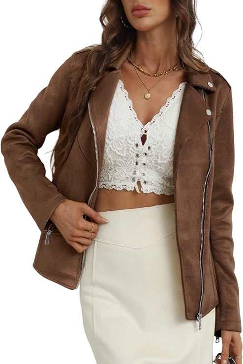 Bellivera Faux Suede Leather Jacket-64KBrown-001-Front