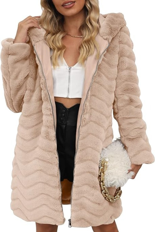Bellivera Women Faux Fur Coat Long Sleeve Fuzzy Winter Hooded Open