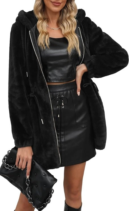Buy BELLIVERA Women's Faux Fur Shaggy Coat Autumn Winter Warm Fashion Long  Sleeves Zip Short Hooded Jacket, black, S at